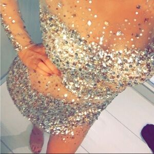 Jovani 7757 crystal rhinestone mesh silver nude illusion dress jewel beads prom